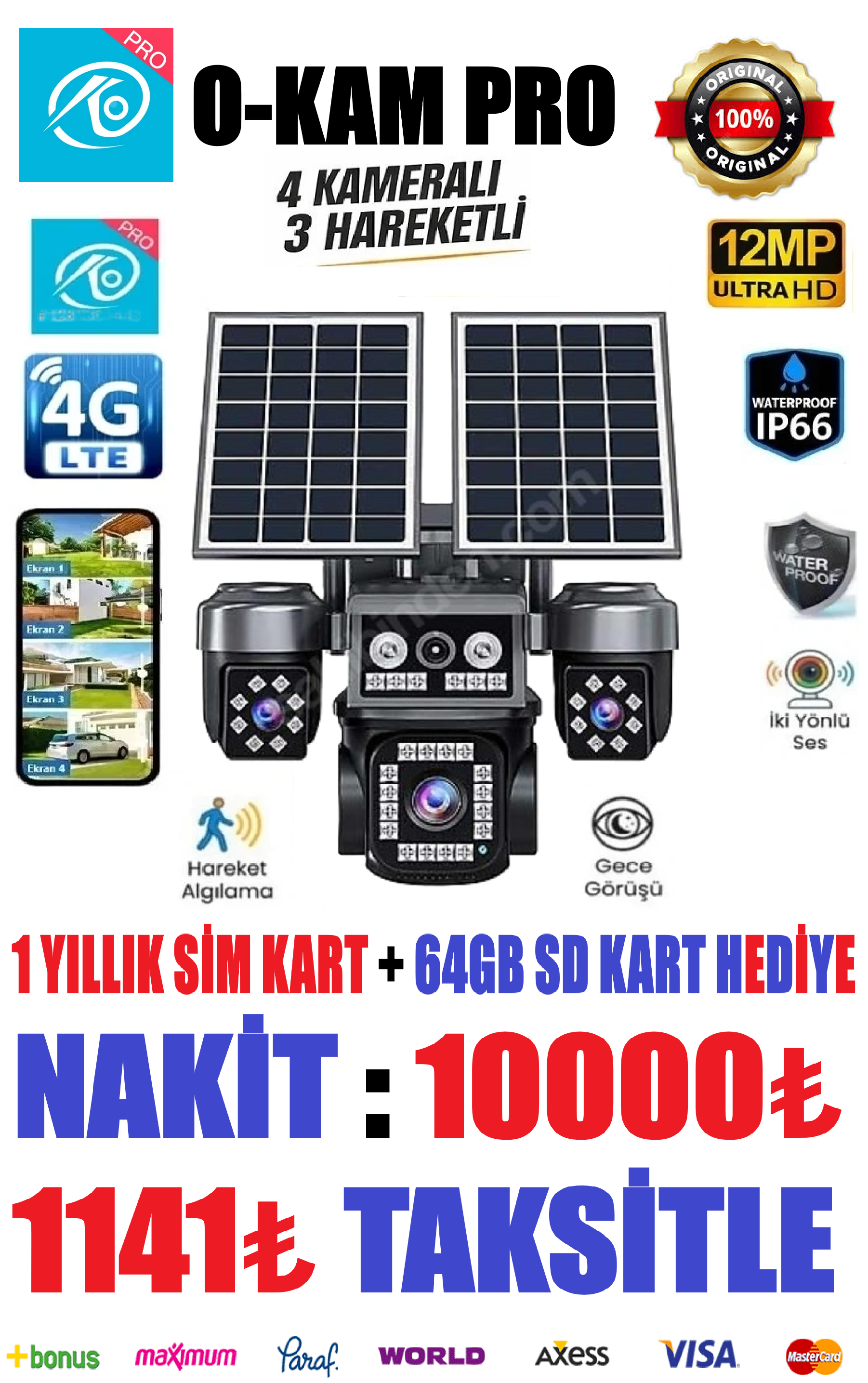 O-KAM 331 PREMIUM 4LENS 3MP 4G ALERT PTZ CAMERA + 64GB SD KART 1 YILLIK TCELL HAT
