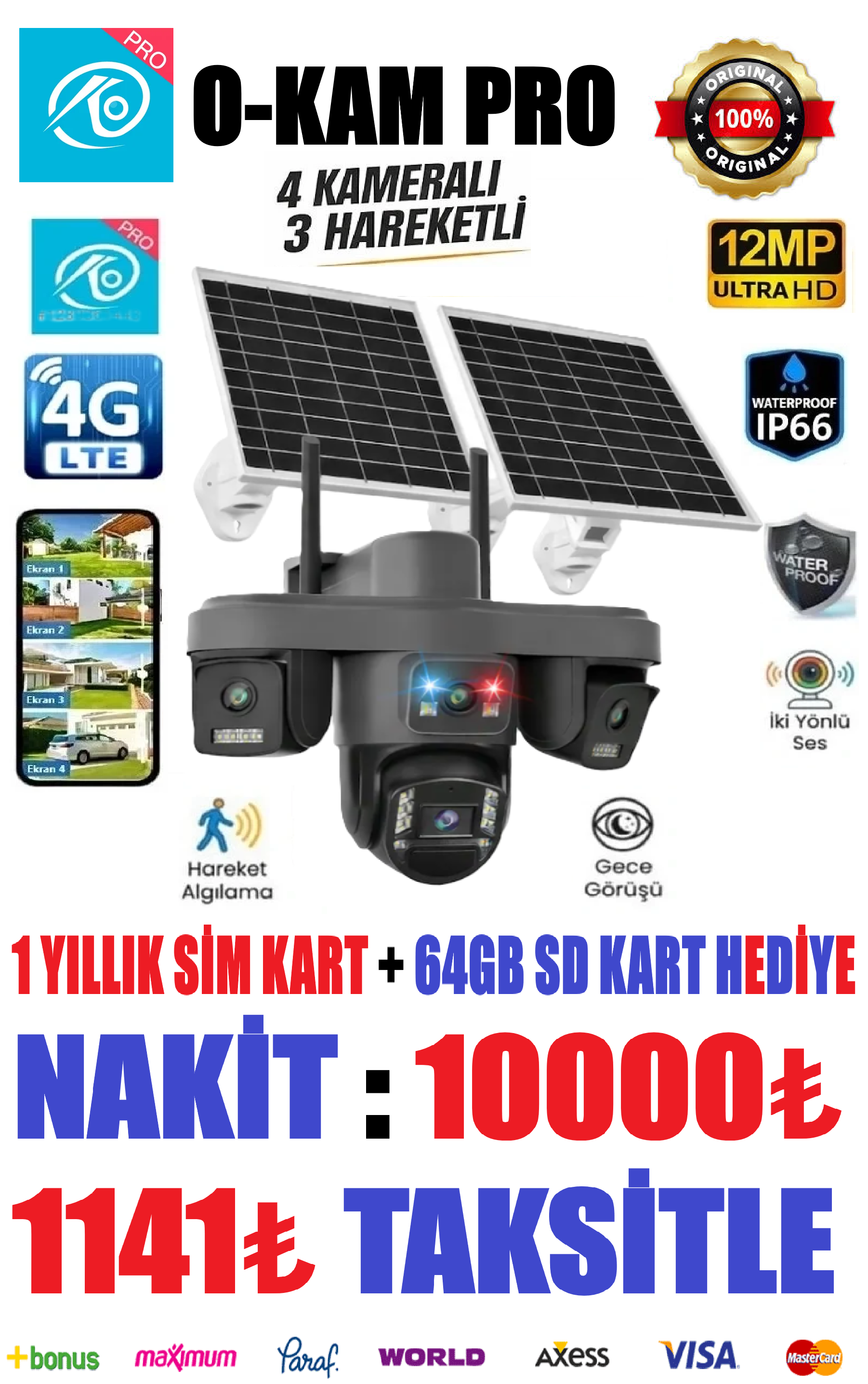 O-KAM 335 PREMIUM 4LENS 3MP 4G ALERT PTZ CAMERA + 64GB SD KART 1 YILLIK TCELL HAT