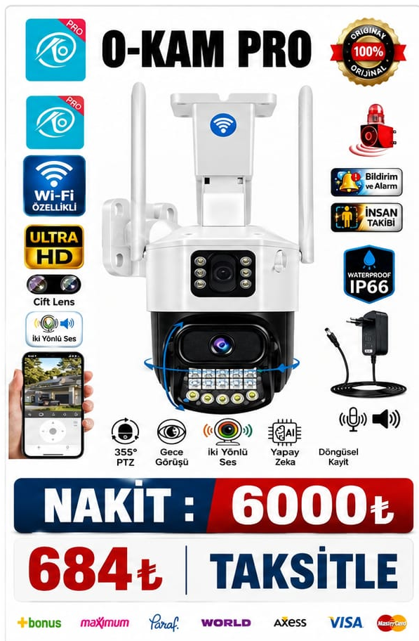 O-KAM-6015 WİFİ PTZ ÇİFT CAMERA 6MP 2 LENS ÇAKARLI MODEL