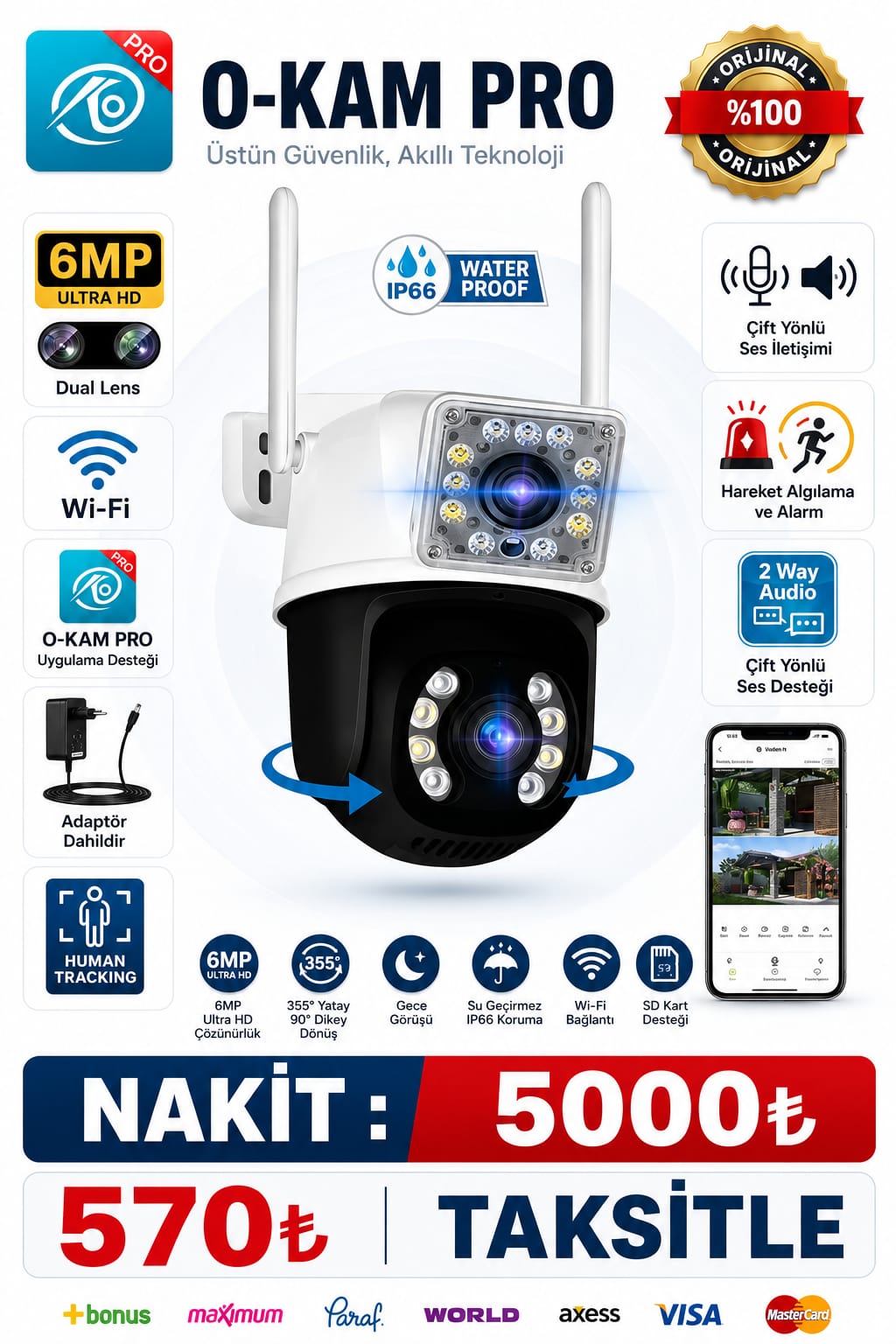 O-KAM-3012 WİFİ PTZ ÇİFT KAMERA 6MP 2 LENS YAPAY ZEKA KAMERA