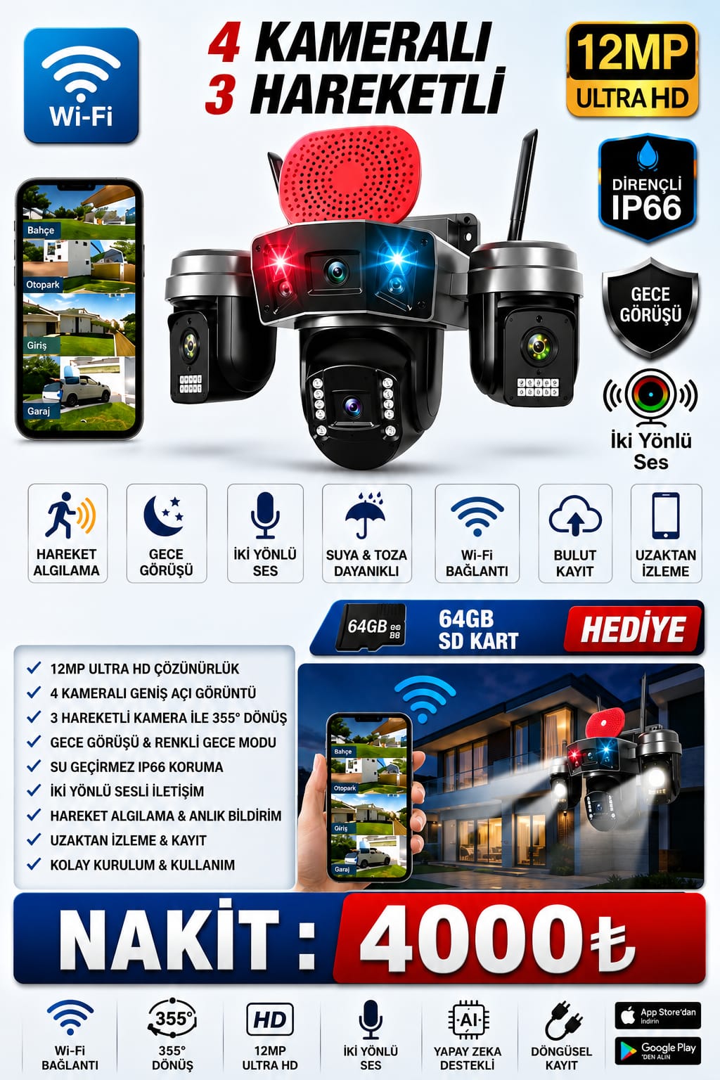 O-KAM OK-240PREMİUMW SİRENLİ ÇAKARLI 4 LENS WİFİ KAMERA