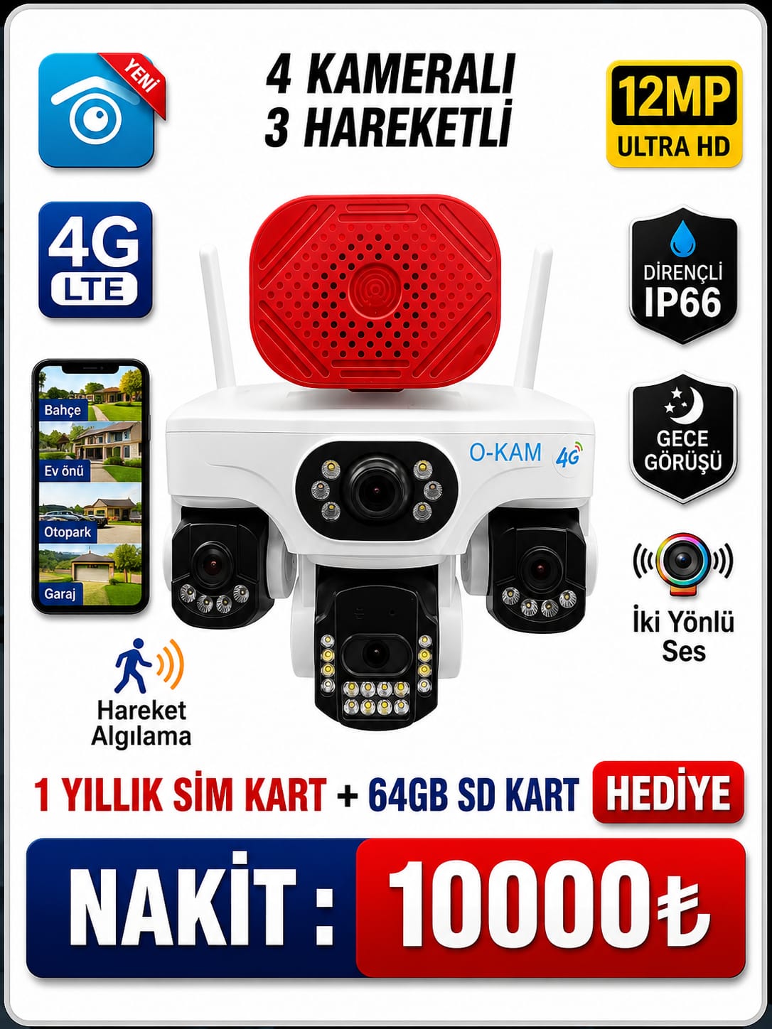 OK-S-337PREMiUM4G 4 LENS AOV SOLAR ÇİFT PANEL SİRENLİ