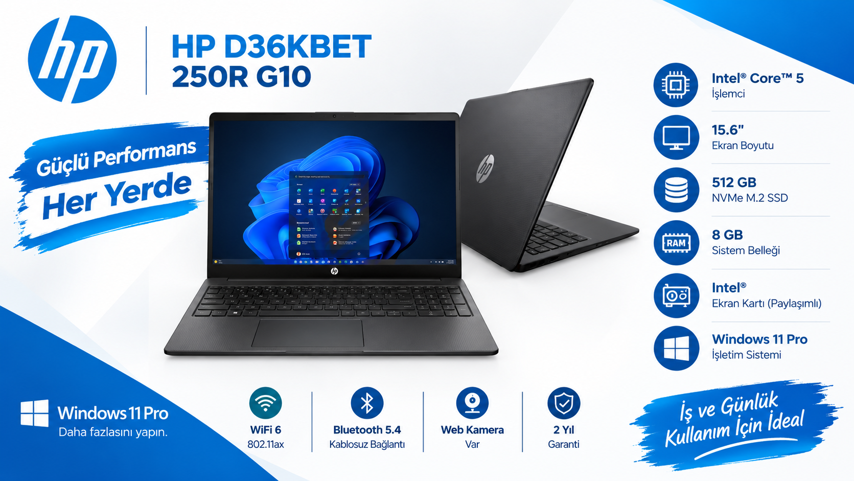 HP D36KBET 250R G10 Core 5-120U 8GB 512GB 15.6" W11Pro Notebook